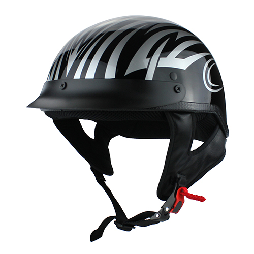 S.O.A. Gloss Black Half Head Motorcycle Helmet with Silver Pinstripe Flames DOT Approved