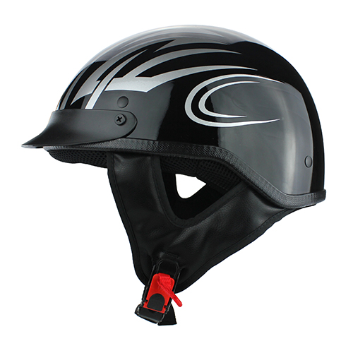 S.O.A. Gloss Black Half Head Motorcycle Helmet with Silver Pinstripe Flames DOT Approved