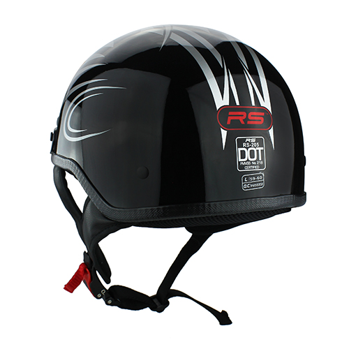S.O.A. Gloss Black Half Head Motorcycle Helmet with Silver Pinstripe Flames DOT Approved