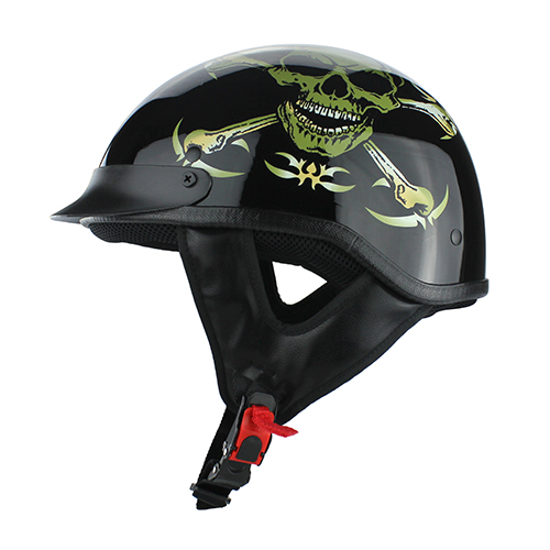 Half Shell Motorcycle DOT Helmet Gloss Black Skull & Bones