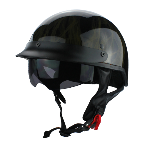 Half Shell Motorcycle DOT Helmet Gloss Black with Flames Flip Up Visor