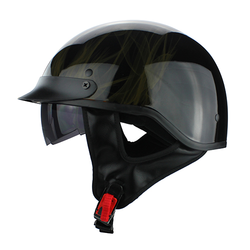 Half Shell Motorcycle DOT Helmet Gloss Black with Flames Flip Up Visor