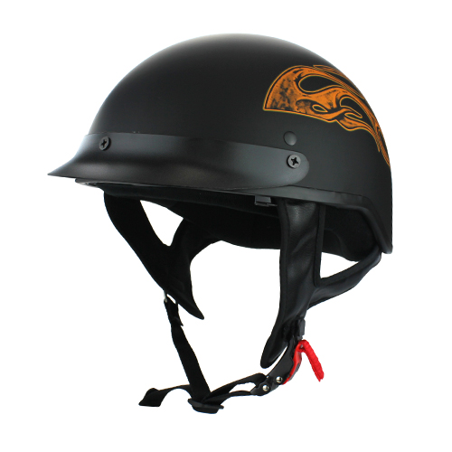 Skull Cap Chopper Half Motorcycle Helmet Matte Black with Flames Flip Up Visor DOT Approved