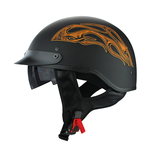 Skull Cap Chopper Half Motorcycle Helmet Matte Black with Flames Flip Up Visor DOT Approved