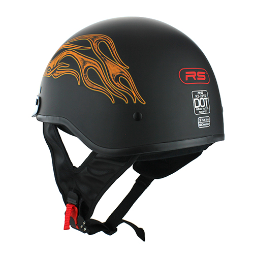 Skull Cap Chopper Half Motorcycle Helmet Matte Black with Flames Flip Up Visor DOT Approved
