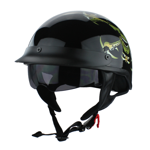 Skull Cap Chopper Half Motorcycle Helmet Gloss Black Skull & Bones with Flip Up Visor DOT Approved