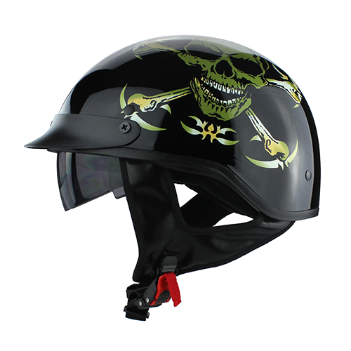 Skull Cap Chopper Half Motorcycle Helmet Gloss Black Skull & Bones with Flip Up Visor DOT Approved 2