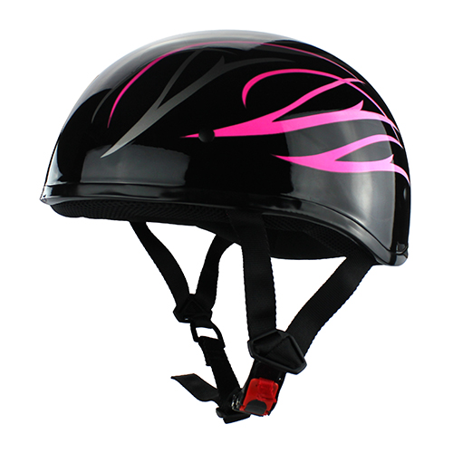 Beanie Cruiser DOT Motorcycle Half Helmet Gloss Black Pink Flames