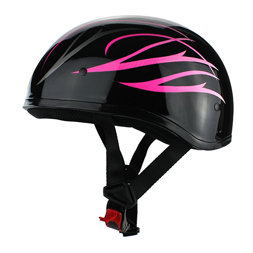 Beanie Cruiser DOT Motorcycle Half Helmet Gloss Black Pink Flames