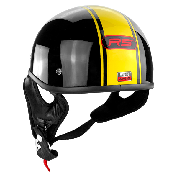 Beanie Cruiser Motorcycle Half Helmet Gloss Black Yellow Stripe